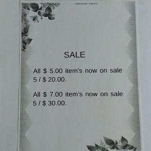 All $ 5.00 items 5/$ 20.00 All $ 7.00 items 5/ $30.00. All items are for sale.